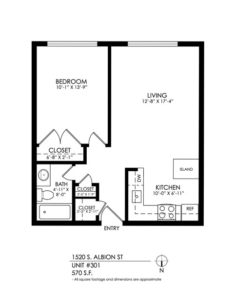 A floor plan of a small apartment with a bedroom, living room, kitchen, and bathroom.